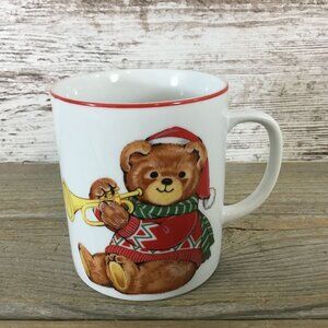 Christmas Teddy Bear Playing Trumpet Coffee Mug Made in Japan 10 oz